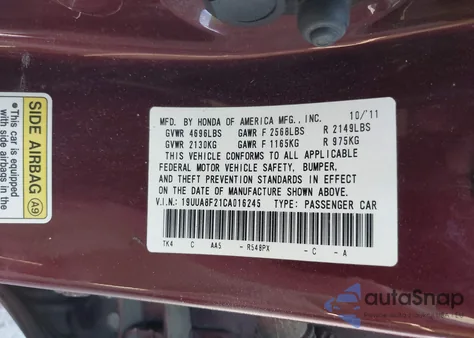 2012 Acura Tl Auto из США, поврежденный, VIN 19UUA8F21CA016245